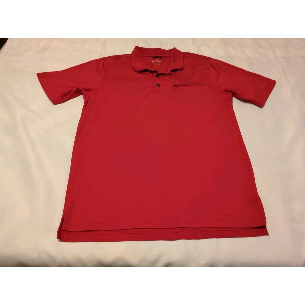 LL Bean Men's Red Short Sleeve Poly Polo Shirt Zip Pocket Size Medium Regular